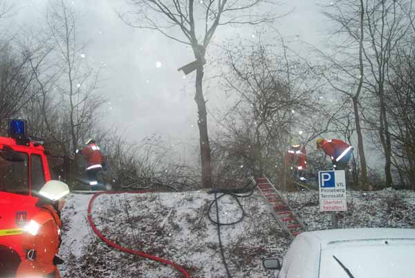 Damit die Drehleiter ans Dach des Vereinsheims reichen kann werden Büsche und Bäume entfernt