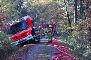 Auf der Anfahrt zum Brandobjekt ist das Wedeler LF 10/6 auf dem schmalen Weg in den Graben gerutscht. Es konnte nach Einsatzende ohne Beschädigung, dank eines Baggers, wieder aus dem Graben gezogen werden
