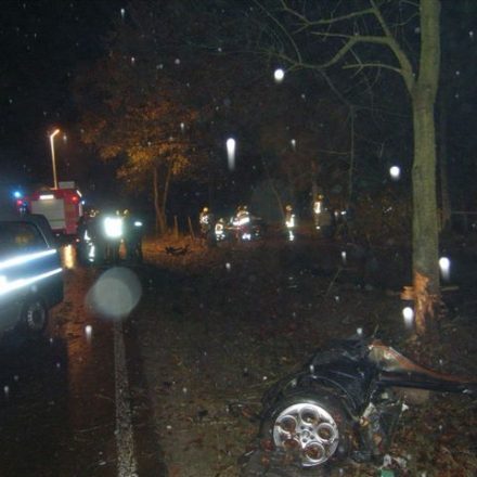 Der Baum, den der PKW getroffen hatte mit einem Teil der Vorderachse