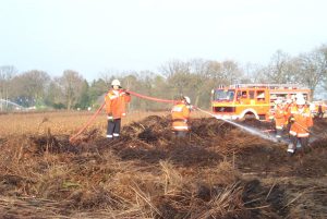 Mit zahlreichen C-Rohren und Forken versuchen die Kräfte dem Flächenbrand Herr zu werden