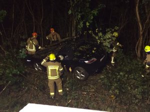 Die Bäume und Büsche sind entfernt, der Fahrer kann befreit werden.